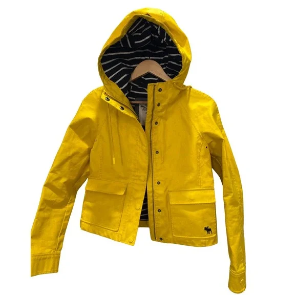 Vintage Abercrombie & Fitch Yellow Hooded Cropped Jacket Women S Moose Logo - Picture 4 of 8